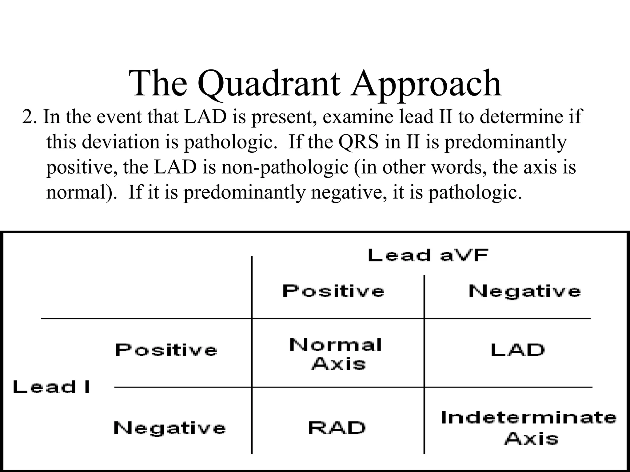 The Quadrant Approach
2. In the event that LAD is present, examine lead II to determine if
this deviation is pathologic. If the QRS in II is predominantly
positive, the LAD is non-pathologic (in other words, the axis is
normal). If it is predominantly negative, it is pathologic.
 