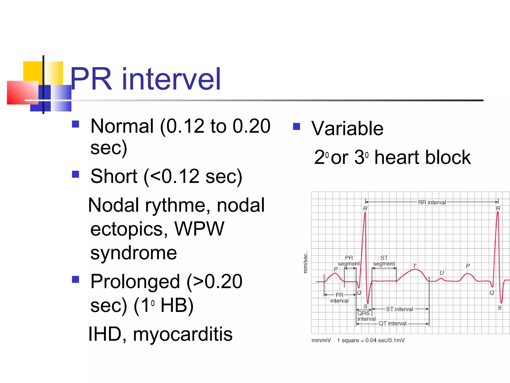 PR intervel
 Normal (0.12 to 0.20
sec)
 Short (<0.12 sec)
Nodal rythme, nodal
ectopics, WPW
syndrome
 Prolonged (>0.20
sec) (1o
HB)
IHD, myocarditis
 Variable
2o
or 3o
heart block
 