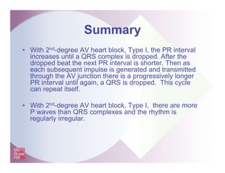 Summary
• With 2nd-degree AV heart block, Type I, the PR interval
increases until a QRS complex is dropped. After the
dropped beat the next PR interval is shorter. Then as
each subsequent impulse is generated and transmitted
through the AV junction there is a progressively longer
PR interval until again, a QRS is dropped. This cycle
can repeat itself.
• With 2nd-degree AV heart block, Type I, there are more
P waves than QRS complexes and the rhythm is
regularly irregular.
 
