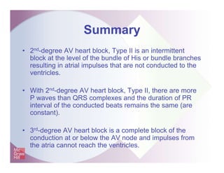 Summary
• 2nd-degree AV heart block, Type II is an intermittent
block at the level of the bundle of His or bundle branches
resulting in atrial impulses that are not conducted to the
ventricles.
• With 2nd-degree AV heart block, Type II, there are more
P waves than QRS complexes and the duration of PR
interval of the conducted beats remains the same (are
constant).
• 3rd-degree AV heart block is a complete block of the
conduction at or below the AV node and impulses from
the atria cannot reach the ventricles.
 
