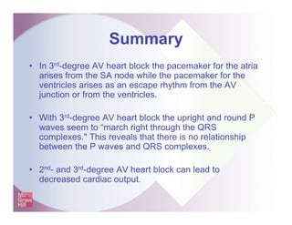 Summary
• In 3rd-degree AV heart block the pacemaker for the atria
arises from the SA node while the pacemaker for the
ventricles arises as an escape rhythm from the AV
junction or from the ventricles.
• With 3rd-degree AV heart block the upright and round P
waves seem to “march right through the QRS
complexes." This reveals that there is no relationship
between the P waves and QRS complexes.
• 2nd- and 3rd-degree AV heart block can lead to
decreased cardiac output.
 