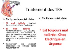 Traitement des TRV
1 Tachycardie ventriculaire
• Si mal tolérée (patient
inconscient): Choc Electrique
• Si bien tolérée :
Antiarythmiques - XYLOCAINE®
,
CORDARONE®
, TENORMINE®
IV
puis, en dernière instance, Choc
Electrique sous anesthésie
générale si le patient est encore
vigile
• Rechercher un substrat
électrique ou ionique après
régularisation
2 Fibrillation ventriculaire
• Est toujours mal
tolérée : Choc
Electrique en
Urgence
+
+
_
 