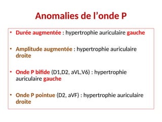 Anomalies de l’onde P
• Durée augmentée : hypertrophie auriculaire gauche
• Amplitude augmentée : hypertrophie auriculaire
droite
• Onde P bifide (D1,D2, aVL,V6) : hypertrophie
auriculaire gauche
• Onde P pointue (D2, aVF) : hypertrophie auriculaire
droite
 