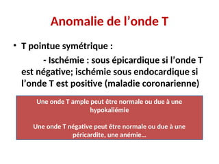 Anomalie de l’onde T
• T pointue symétrique :
- Ischémie : sous épicardique si l’onde T
est négative; ischémie sous endocardique si
l’onde T est positive (maladie coronarienne)
Une onde T ample peut être normale ou due à une
hypokaliémie
Une onde T négative peut être normale ou due à une
péricardite, une anémie…
 