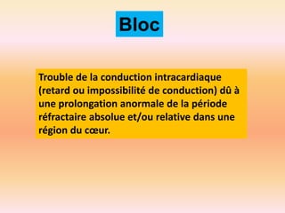 Bloc
Trouble de la conduction intracardiaque
(retard ou impossibilité de conduction) dû à
une prolongation anormale de la période
réfractaire absolue et/ou relative dans une
région du cœur.

 