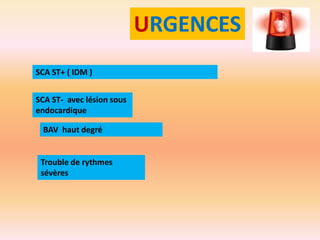 URGENCES
SCA ST+ ( IDM )
SCA ST- avec lésion sous
endocardique
BAV haut degré

Trouble de rythmes
sévères

 
