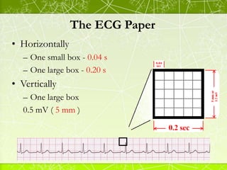 The ECG Paper
• Horizontally
– One small box - 0.04 s
– One large box - 0.20 s
• Vertically
– One large box
0.5 mV ( 5 mm )
 