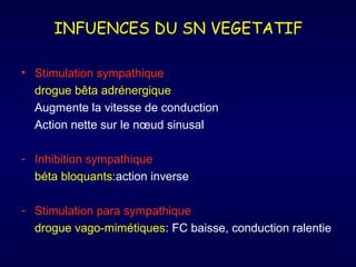 INFUENCES DU SN VEGETATIF
• Stimulation sympathique
drogue bêta adrénergique
Augmente la vitesse de conduction
Action nette sur le nœud sinusal
- Inhibition sympathique
béta bloquants:action inverse
- Stimulation para sympathique
drogue vago-mimétiques: FC baisse, conduction ralentie

 