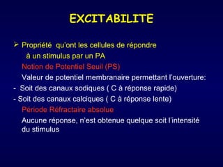 EXCITABILITE
 Propriété qu’ont les cellules de répondre
à un stimulus par un PA
Notion de Potentiel Seuil (PS)
Valeur de potentiel membranaire permettant l’ouverture:
- Soit des canaux sodiques ( C à réponse rapide)
- Soit des canaux calciques ( C à réponse lente)
Période Réfractaire absolue
Aucune réponse, n’est obtenue quelque soit l’intensité
du stimulus

 