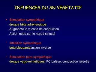 INFUENCES DU SN VEGETATIF

• Stimulation sympathique
  drogue bêta adrénergique
  Augmente la vitesse de conduction
  Action nette sur le nœud sinusal

- Inhibition sympathique
  béta bloquants:action inverse

- Stimulation para sympathique
  drogue vago-mimétiques: FC baisse, conduction ralentie
 