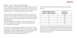 The heart rate can be calculated rapidly by remembering the following
sequence:
Number of large squares
between 2 QRS complexes
Heart rate
(beats/min)
1 300
2 150
3 100
4 75
5 60
6 50
Rate rulers are sometimes used to calculate heart rate; these are used to
measure two or three consecutive R-R intervals, of which the average is
expressed as the rate equivalent.When using a rate ruler, one must take
care to count the correct numbers of beats (two or three) and restrict the
technique to regular rhythms.
Heart rate, time and voltage
The electrocardiogram is recorded on standard paper travelling at a rate of
25 mm/s.The paper is divided into large squares, each is 5 mm wide - the
equivalent of 0.2 seconds. Each large square is five small squares wide, and
each small square is 1 mm wide - the equivalent of 0.04 seconds.
The heart rate is the number of heartbeats occurring in 1 minute. On an
ECG, the heart rate is measured from R wave to R wave to determine the
ventricular rate, and P wave to P wave to determine the atrial rate.The QRS
complexes represent ventricular depolarisation and the P waves represent
atrial depolarisation.
The term tachycardia is used to describe a heart rate greater than 100
beats/min and bradycardia is defined as a rate less than 60 beats/min
(or < 50 beats/min during sleep).
One large square of recording paper is equivalent to 0.2 seconds, so 5 large
squares pass per second and 300 per minute.Thus, when the rhythm is regular
and the paper is moving at the standard speed of 25 mm/s, the heart rate can
be calculated by counting the number of large squares between two
consecutive R waves, and dividing this number into 300.
 