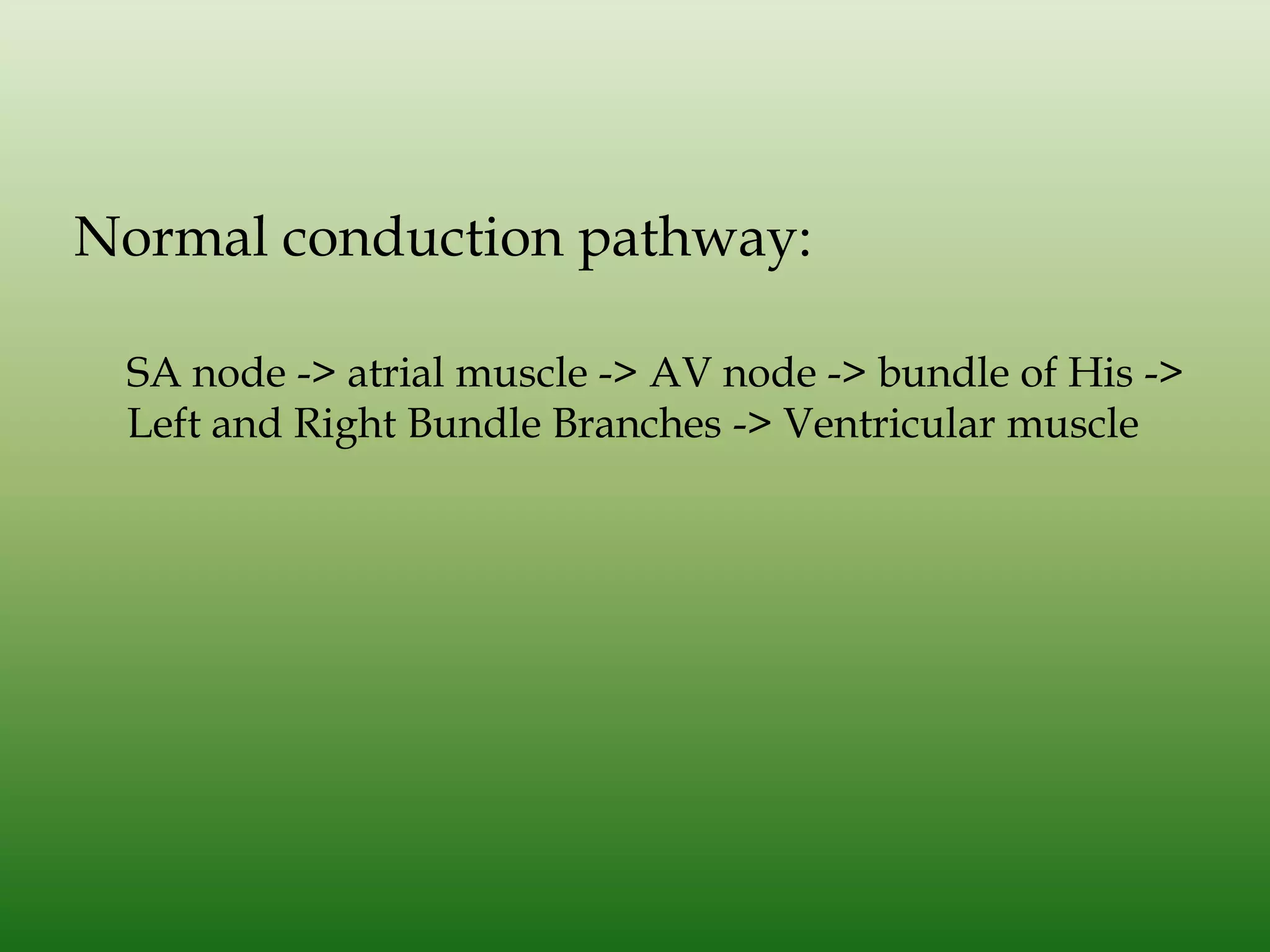 Normal conduction pathway:
SA node -> atrial muscle -> AV node -> bundle of His ->
Left and Right Bundle Branches -> Ventricular muscle

 