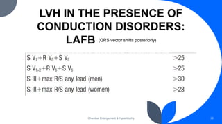 LVH IN THE PRESENCE OF
CONDUCTION DISORDERS:
LAFB (QRS vector shifts posteriorly)
Chamber Enlargement & Hypertrophy 38
 
