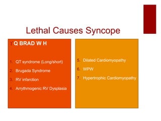 Lethal Causes Syncope
Q BRAD W H
1. QT syndrome (Long/short)
2. Brugada Syndrome
3. RV infarction
4. Arrythmogenic RV Dysplasia
5. Dilated Cardiomyopathy
6. WPW
7. Hypertrophic Cardiomyopathy
 