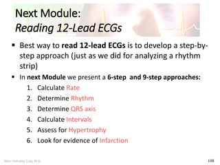 Marc Imhotep Cray, M.D.
Next Module:
Reading 12-Lead ECGs
108
 Best way to read 12-lead ECGs is to develop a step-by-
step approach (just as we did for analyzing a rhythm
strip)
 In next Module we present a 6-step and 9-step approaches:
1. Calculate Rate
2. Determine Rhythm
3. Determine QRS axis
4. Calculate Intervals
5. Assess for Hypertrophy
6. Look for evidence of Infarction
 