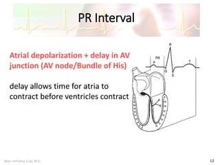 Marc Imhotep Cray, M.D.
PR Interval
12
Atrial depolarization + delay in AV
junction (AV node/Bundle of His)
delay allows time for atria to
contract before ventricles contract
 