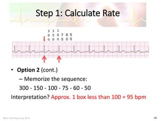 Marc Imhotep Cray, M.D.
Step 1: Calculate Rate
18
• Option 2 (cont.)
– Memorize the sequence:
300 - 150 - 100 - 75 - 60 - 50
Interpretation? Approx. 1 box less than 100 = 95 bpm
3
0
0
1
5
0
1
0
0
7
5
6
0
5
0
 