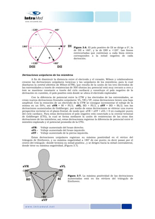 Figura 3.6. El polo positivo de DI se dirige a 0°, la
de DII a +60°, y la de DIII a +120°. Las líneas
entrecortadas que continúan a cada línea entera
corresponden a la mitad negativa de cada
derivación.
Derivaciones unipolares de los miembros
A fin de disminuir la distancia entre el electrodo y el corazón, Wilson y colaboradores
crearon las derivaciones unipolares torácicas y las unipolares de los miembros; para lo cual
diseñaron la central eléctrica de Wilson (CTW), que resulta de la unión de los tres electrodos de
las extremidades a través de resistencias de 500 ohmios (su potencial está muy cercano a cero y
éste se mantiene constante a través del ciclo cardiaco) y constituye el polo negativo de la
derivación en cuestión, el polo positivo está donde se ubica el electrodo explorador.
Con la diferencia de potencial entre la CTW y los electrodos de las extremidades, se
crean nuevos derivaciones frontales unipolares: VL, VR y VF, estas derivaciones tienen una baja
amplitud. Con la remoción de un electrodo de la CTW se consigue incrementar el voltaje de la
misma en un 50%, asi: aVR = BI + PI/2; aVL, BD + PI/2, y aVF = BD + BI/2; son las
derivaciones aumentadas de Goldberger, por medio de estas derivaciones se obtiene una nueva
perspectiva vectorial en el plano frontal, de modo que: aVR + aVF + aVL = 0 en cualquier punto
del ciclo cardiaco. Para estas derivaciones el polo negativo está conectado a la central terminal
de Goldberger (CTG), la cual se forma mediante la unión de resistencias de las otras dos
derivaciones de los miembros; así, estas derivaciones registran la diferencia de potencial entre el
miembro explorado y el potencial promedio de la CTG.
aVR- Voltaje aumentado del brazo derecho.
aVL - Voltaje aumentado del brazo izquierdo.
aVF - Voltaje aumentado de la pierna izquierda.
Estas derivaciones unipolares registran su máxima positividad en el vértice del
triángulo de Einthoven, y su máxima negatividad a 180° de ese punto; es decir pasan por el
centro del triángulo –donde termina su mitad positiva-, y se dirigen hacia la mitad contralateral,
donde tiene su máxima negatividad, (Figura 3.7).
Figura 3.7. La máxima positividad de las derivaciones
aumentadas está en los vértices del triángulo de
Einthoven.
 
