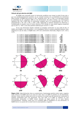 Cálculo del eje eléctrico del QRS
El ÂQRS está orientado hacia la derivación periférica que tenga la onda R más alta o
que sea predominantemente positiva; en un corazón normal y en un individuo de contextura
física normal, el ÂQRS está cercano a +60°, oscilando entre -30° y +100°; y es calculado usando
la polaridad de los complejos QRS en las derivaciones del plano frontal. Las derivaciones
bipolares (DI, DII y DIII) tiene su derivación unipolar que le es perpendicular; así: aVF es
perpendicular a DI, aVL a DII, y aVR a DIII. Aplicando el sistema hexaxial de referencia y
considerando el corazón como el centro eléctrico, DI lo divide en una mitad negativa (superior)
que va de 0° a -180° y una zona positiva (inferior) que va de 0° a +180°.
Si en una derivación bipolar estándar el complejo ventricular es una onda R alta, el
ÂQRS está dirigido a esa derivación; y si es isodifásica (tiene la misma polaridad positiva como
negativa) en una de ellas, el ÂQRS está a 90° de la derivación observada, (Figura 3.24, 3.25 y
3.27).
- Si el QRS de mayor positividad está en DI, el ÂQRS se orienta a 0°.
- Si el QRS de mayor positividad está en DII, el ÂQRS se orienta a +60°.
- Si el QRS de mayor positividad está en DIII, el ÂQRS se orienta a +120°.
- Si el QRS de mayor positividad está en aVR, el ÂQRS se orienta a -150°.
- Si el QRS de mayor positividad está en aVL, el ÂQRS se orienta a -30°.
- Si el QRS de mayor positividad está en aVF, el ÂQRS se orienta a +90°.
- Si el QRS es isodifásico en DI el ÂQRS está en +90° ó -90°.
- Si el QRS es isodifásico en DII el ÂQRS está en -30° ó +150°.
- Si el QRS es isodifásico en DIII el ÂQRS está en +30° ó -150°.
- Si el QRS es isodifásico en aVR el ÂQRS está en +120° ó -60°.
- Si el QRS es isodifásico en aVL el ÂQRS está en -120° ó +60°.
- Si el QRS es isodifásico en aVF el ÂQRS está en 180° ó 0°.
Figura 3.26. Cada derivación tiene su semicírculo o hemicampo positivo (color rojo) y negativo
(color blanco). El ÂQRS está en la zona de color rojo si el QRS es positivo en esa derivación;
además, véase cómo la cabeza del vector se orienta a la mitad roja del semicírculo, indicando la
máxima positividad para esa derivación. Por otro lado, si el QRS es negativo en una
determinada derivación, el ÂQRS estará ubicado en algún punto de su zona blanca
correspondiente. También, véase que si el complejo QRS es isodifásico en una derivación, el
ÂQRS está en un punto de la unión entre la zona positiva y negativa.
 