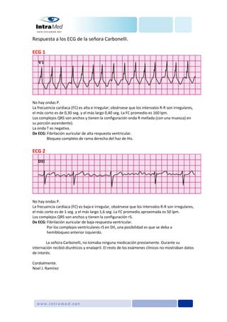 Respuesta a los ECG de la señora Carbonelli.
ECG 1
No hay ondas P.
La frecuencia cardiaca (FC) es alta e irregular; obsérvese que los intervalos R-R son irregulares,
el más corto es de 0,30 seg. y el más largo 0,40 seg. La FC promedio es 160 lpm.
Los complejos QRS son anchos y tienen la configuración onda R mellada (con una muesca) en
su porción ascendente).
La onda T es negativa.
Dx ECG: Fibrilación auricular de alta respuesta ventricular.
Bloqueo completo de rama derecha del haz de His.
ECG 2
No hay ondas P.
La frecuencia cardiaca (FC) es baja e irregular, obsérvese que los intervalos R-R son irregulares,
el más corto es de 1 seg. y el más largo 1,6 seg. La FC promedio aproximada es 50 lpm.
Los complejos QRS son anchos y tienen la configuración rS.
Dx ECG: Fibrilación auricular de baja respuesta ventricular.
Por los complejos ventriculares rS en DII, una posibilidad es que se deba a
hemibloqueo anterior izquierdo.
La señora Carbonelli, no tomaba ninguna medicación previamente. Durante su
internación recibió diuréticos y enalapril. El resto de los exámenes clínicos no mostraban datos
de interés.
Cordialmente.
Noel J. Ramírez
 