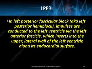 LPFB
•In left posterior fascicular block (aka left
posterior hemiblock), impulses are
conducted to the left ventricle via the left
anterior fascicle, which inserts into the
upper, lateral wall of the left ventricle
along its endocardial surface.
PowerPlugs Templates for PowerPoint Preview 22
 