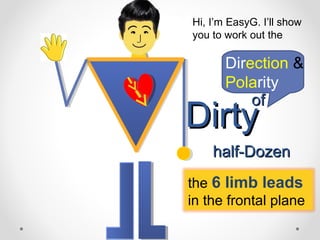 Hi, I’m EasyG. I’ll show
you to work out the
ofof
DirtyDirty
half-Dozenhalf-Dozen
Direction &
Polarity
the 6 limb leads
in the frontal plane
 