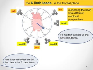 the 6 limb leads in the frontal plane
Lead I
aVL
Lead III Lead II
aVR
aVF
monitoring the heart
from different
electrical
perspectives
It’s not fair to label us the
dirty half-dozen
The other half-dozen are on
the chest – the 6 chest leads
 