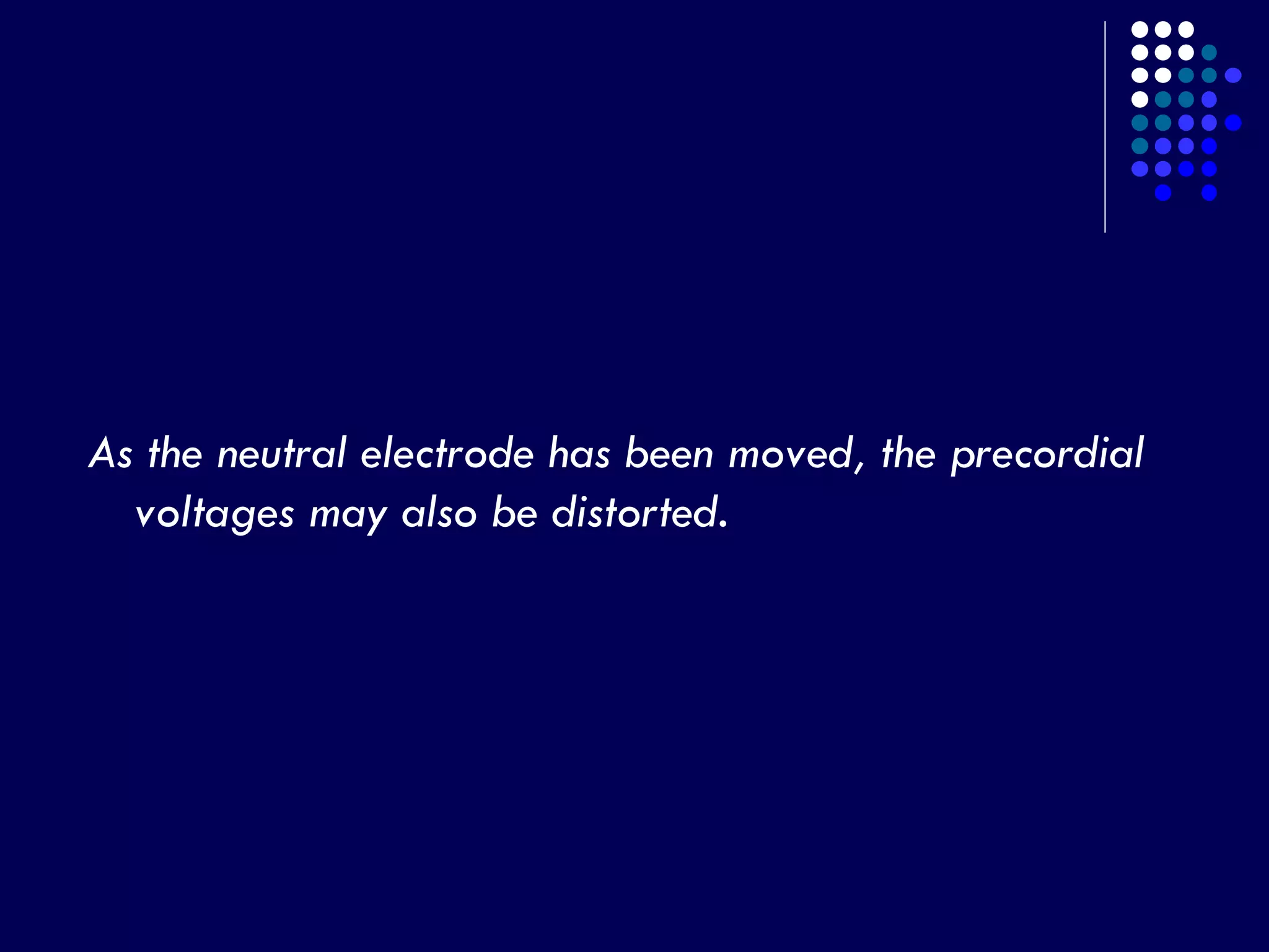 As the neutral electrode has been moved, the precordial
voltages may also be distorted.
 