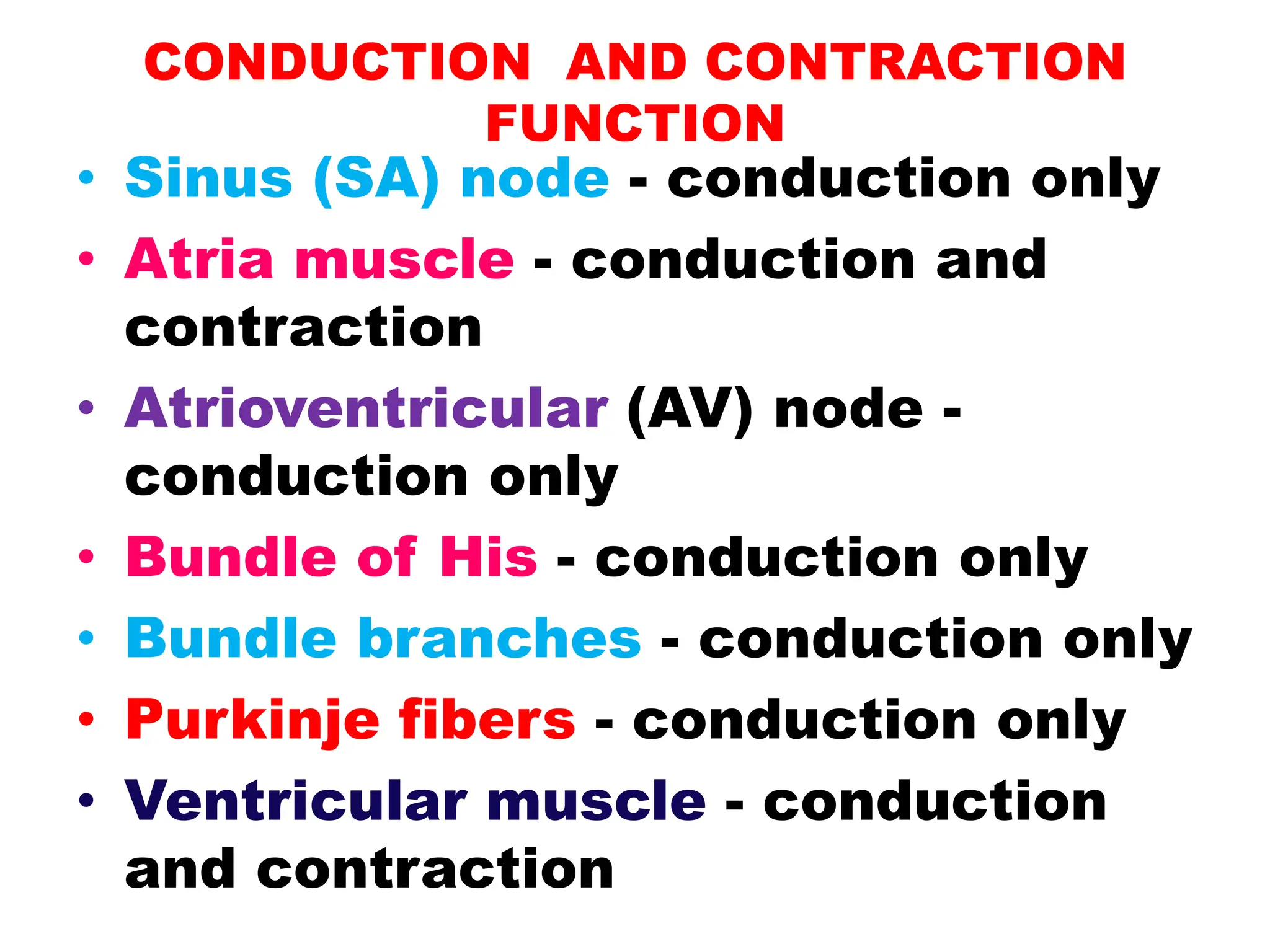 CONDUCTION AND CONTRACTION
FUNCTION
• Sinus (SA) node - conduction only
• Atria muscle - conduction and
contraction
• Atrioventricular (AV) node -
conduction only
• Bundle of His - conduction only
• Bundle branches - conduction only
• Purkinje fibers - conduction only
• Ventricular muscle - conduction
and contraction
 