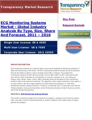 Transparency Market Research


                                                                         Buy Now
ECG Monitoring Systems
                                                                         Request Sample
Market - Global Industry
Analysis By Type, Size, Share
                                                                     Published Date: 29-OCT-2012
And Forecast, 2011 – 2016

 Single User License: US $ 4595

 Multi User License: US $ 7595                                                 124 Pages Report


 Corporate User License: US $ 10595



     REPORT DESCRIPTION

     ECG monitoring systems are used to detect and provide feedback of abnormal episodes of
     electrical functioning of the heart. The ECG monitoring systems include rest ECG recorders,
     ECG stress testing systems, event recorders and Holter monitors. The global ECG
     monitoring systems market report provides 10 year data (2007 to 2011 historical trends
     and 2012 to 2016 forecasts) for the global & 12 country markets (U.S., UK, Germany,
     France, Italy, Spain, Japan, China, India, Australia, Brazil & Canada) for ECG monitoring
     systems sales (unit sales and revenue). The global & country data contained in the report is
     in cross-section with four major segments of ECG Monitoring Systems i.e. Rest ECG
     Monitoring Systems (Single Channel, 3 Channel, 6 Channels and 12 Channels), ECG Stress
     Testing Systems (Local and Imported), Holter Monitoring Systems (High End and Low End),
     and Event Monitoring Systems.

     Read More: ECG Monitoring Systems Market

     This report includes average price of systems by category, average cost of test by system
     type, average number of tests performed by system category and market share of major
     players by category.
 