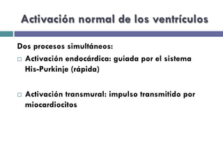 Activación normal de los ventrículos 
Dos procesos simultáneos: 
¨ Activación endocárdica: guiada por el sistema 
His-Purkinje (rápida) 
¨ Activación transmural: impulso transmitido por 
miocardiocitos 
 