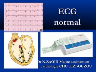 ECGECG
normalnormal
Dr N.ZAOUI Maitre assistant enDr N.ZAOUI Maitre assistant en
cardiologie CHU TIZI-OUZOUcardiologie CHU TIZI-OUZOU
 