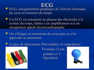 ECGECG ECG: enregistrement graphique de l’activité électriqueECG: enregistrement graphique de l’activité électrique
du cœur en fonction du tempsdu cœur en fonction du temps
 Un ECG est enregistré en plaçant des électrodes à laUn ECG est enregistré en plaçant des électrodes à la
surface du corps, reliées à un amplificateur et à unsurface du corps, reliées à un amplificateur et à un
enregistreur appelé électrocardiographeenregistreur appelé électrocardiographe
 On s’éloigne au maximum du cœur puis en s’enOn s’éloigne au maximum du cœur puis en s’en
approche au maximumapproche au maximum
 2 types de dérivations: Précordiales ( 6 unipolaires)2 types de dérivations: Précordiales ( 6 unipolaires)
Frontales (3 uni-Frontales (3 uni-
polaires et 3polaires et 3
bipolaires)bipolaires)
 