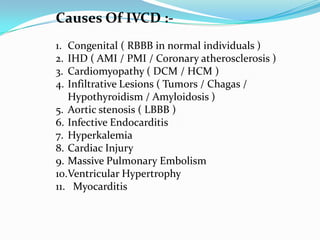 Various conduction defects include:- RBBB LBBB LAFB LPFB Parietal BlockPeri Infarction Block