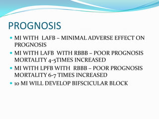 PROGNOSISMI WITH LAFB – MINIMAL ADVERSE EFFECT ON PROGNOSIS MI WITH LAFB WITH RBBB – POOR PROGNOSIS MORTALITY 4-5TIMES INCREASEDMI WITH LPFB WITH RBBB – POOR PROGNOSIS MORTALITY 6-7 TIMES INCREASED10 MI WILL DEVELOP BIFSCICULAR BLOCK