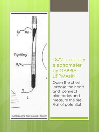 1872 –capillary
electrometer
by GABRIAL
LIPPMANN
Open the chest
,expose the heart
and connect
electrodes and
measure the rise
/fall of potential
 