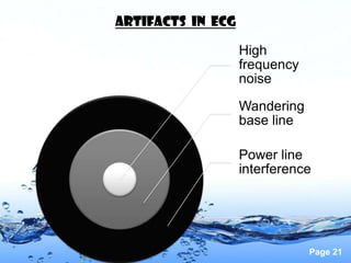 Artifacts in ECG

                   High
                   frequency
                   noise

                   Wandering
                   base line

                   Power line
                   interference




                               Page 21
 