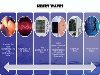 HEART WAVES




                                                        QRS
 P wave- SA
                                                   wave- cumulati
    node
                                      Time               ve
genetrated, du   Amplitude- 0.1                                     Amplitude-   Time duration-
                                  duration- 60-8   repolarization
     e to          to 0.2 mV                                          1mV            80ms
                                       0ms           of atria &
contraction of
                                                   depolarization
    atria.
                                                    of ventricle.




                                                                                    Page 9
 