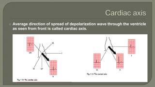  Average direction of spread of depolarization wave through the ventricle
as seen from front is called cardiac axis.
 