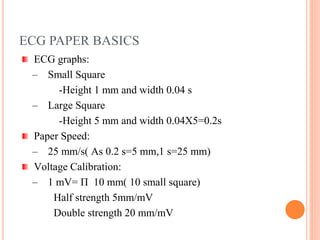 ECG PAPER BASICS
ECG graphs:
– Small Square
-Height 1 mm and width 0.04 s
– Large Square
-Height 5 mm and width 0.04X5=0.2s
Paper Speed:
– 25 mm/s( As 0.2 s=5 mm,1 s=25 mm)
Voltage Calibration:
– 1 mV= П 10 mm( 10 small square)
Half strength 5mm/mV
Double strength 20 mm/mV
 
