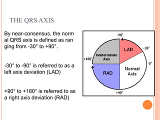 THE QRS AXIS
By near-consensus, the norm
al QRS axis is defined as ran
ging from -30° to +90°.
-30° to -90° is referred to as a
left axis deviation (LAD)
+90° to +180° is referred to as
a right axis deviation (RAD)
 