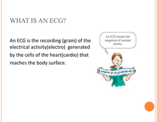 WHAT IS AN ECG?
An ECG is the recording (gram) of the
electrical activity(electro) generated
by the cells of the heart(cardio) that
reaches the body surface.
 