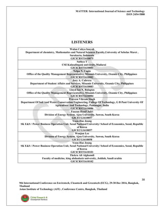 MATTER: International Journal of Science and Technology
ISSN 2454-5880
38
9th International Conference on Envirotech, Cleantech and Greentech (ECG), 29-30 Dec 2016, Bangkok,
Thailand
Asian Institute of Technology (AIT) , Conference Centre, Bangkok, Thailand
LISTENERS
Wulan Cahya Inayah
Department of chemistry, Mathematics and Natural Sciences Faculty,University of Sebelas Maret ,
Surakarta, Indonesia
GICICRST1610075
Sathya T
CSE Kalasalingam university,Madurai
GICICRST1610081
Nelpa N. Capio
Office of the Quality Management Representative, Misamis University, Ozamiz City, Philippines
GICICRST1610082
Joey A. Cabrera
Department of Student Affairs and Services, Misamis University, Ozamiz City, Philippines
GICICRST1610083
Lloyd Ian N. Balagtas
Office of the Quality Management Representative, Misamis University, Ozamiz City, Philippines
GICICRST1610084
Praveen Vikram Singh
Department Of Soil And Water Conservation Engineering, College Of Technology, G B Pant University Of
Agriculture And Technology, Pantnagar, India
GICICRST1610086
Fauzan Hanif Jufri
Division of Energy System, Ajou University, Suwon, South Korea
GICECG1610057
Yoon-Hae Joung
SK E&S / Power Business Operation Unit, Seoul National University/ School of Economics, Seoul, Republic
of Korea
GICECG1610057
Wonjun Lee
Division of Energy System, Ajou University, Suwon, South Korea
GICECG1610058
Yoon-Hae Joung
SK E&S / Power Business Operation Unit, Seoul National University/ School of Economics, Seoul, Republic
of Korea
GICICRST1610101
Thekra Ali Alghamdi
Faculty of medicine, king abdualaziz university, Jeddah, Saudi arabia
GICICRST1610102
 