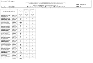 PROCES-VERBAL PROVISOIRE DE DELIBERATION D'ADMISSION
N° étudiant : 01111244
N° étudiant : 01007227
N° étudiant : 01220517
N° étudiant : 09293470
N° étudiant : 09292571
N° étudiant : 01004042
N° étudiant : 09292991
N° étudiant : 01114370
N° étudiant : 01004163
N° étudiant : 01005165
N° étudiant : 01005062
N° étudiant : 01109346
N° étudiant : 09292569
N° étudiant : 01102723
N° étudiant : 01006635
N° étudiant : 01000106
OUCHAYN Essaid
OUELD CHELHA JIHANE
OUGOUG MOHAMED
OUHAMMOU HASSAN
OUHAMOU MOHAMED
OUHARROU SIHAM
OUHMID KAOUTAR
OUJAA SAIDA
OUJDID CHAYMAE
OUKHOUYA HAYAT
OULAAOUANE HASSANE
OULGHOUL Said
OULMOURIF FATIMA
OUNKHIR Khalid
OURHOU SANA
OURIKA SOUKEINA
Résultat
Résultat
Résultat
Résultat
Résultat
Résultat
Résultat
Résultat
Résultat
Résultat
Résultat
Résultat
Résultat
Résultat
Résultat
Résultat
Note (+ PJ)
Note (+ PJ)
Note (+ PJ)
Note (+ PJ)
Note (+ PJ)
Note (+ PJ)
Note (+ PJ)
Note (+ PJ)
Note (+ PJ)
Note (+ PJ)
Note (+ PJ)
Note (+ PJ)
Note (+ PJ)
Note (+ PJ)
Note (+ PJ)
Note (+ PJ)
Identification des étudiants
AR
AR
NAR
AR
AR
AR
AR
V
AR
AR
AR
AR
AR
NAR
AR
NAR
Résultat Eco. monét.
et fin. II
Politiques
éco.
ECGS4210 ECGS4220
Ado / 20 Ado / 20 Ado / 20
Université Cadi Ayyad.
Date:
Page:
05/07/2013
Session 1 2012/2013
59
Elément pédagogique : ECGS4200 Economie IV
Faculté des Sciences Juridiques, Economiques et Sociales. Marrakech
5 3 7
5.5 3 8
3 1 5
5.5 3 8
6 5 7
7.5 3 12
5.5 3 8
11 10 12
5 3 7
6 1 11
7 2 12
8.5 8 9
7.5 3 12
4 1 7
9.167 10.333 8
4 3 5
 