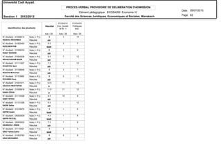 PROCES-VERBAL PROVISOIRE DE DELIBERATION D'ADMISSION
N° étudiant : 01006614
N° étudiant : 01002483
N° étudiant : 01006033
N° étudiant : 01004306
N° étudiant : 01111927
N° étudiant : 01108848
N° étudiant : 01103882
N° étudiant : 01001611
N° étudiant : 01005819
N° étudiant : 01115328
N° étudiant : 01101028
N° étudiant : 01219975
N° étudiant : 09293839
N° étudiant : 09293003
N° étudiant : 01110521
N° étudiant : 01003783
RIDAOUI MOHAMED
RIZQI MERYEM
RIZQY MARIEM
RKHACHAHAM BADR
ROUBYOU Said
ROUCHI Mohamed
ROUIMBA Sara
SAAOUA MUSTAPHA
SABHI DOHA
SABI FATIHA
SADIK Safaa
SAFINI Issam
SAFRI FAYCAL
SAHRAOUI ZINEB
SAID Fatima Zahra
SAIDI MOHAMED
Résultat
Résultat
Résultat
Résultat
Résultat
Résultat
Résultat
Résultat
Résultat
Résultat
Résultat
Résultat
Résultat
Résultat
Résultat
Résultat
Note (+ PJ)
Note (+ PJ)
Note (+ PJ)
Note (+ PJ)
Note (+ PJ)
Note (+ PJ)
Note (+ PJ)
Note (+ PJ)
Note (+ PJ)
Note (+ PJ)
Note (+ PJ)
Note (+ PJ)
Note (+ PJ)
Note (+ PJ)
Note (+ PJ)
Note (+ PJ)
Identification des étudiants
AR
NAR
AR
AR
AR
AR
AR
V
V
AR
AR
NAR
NAR
AR
NAR
AR
Résultat Eco. monét.
et fin. II
Politiques
éco.
ECGS4210 ECGS4220
Ado / 20 Ado / 20 Ado / 20
Université Cadi Ayyad.
Date:
Page:
05/07/2013
Session 1 2012/2013
62
Elément pédagogique : ECGS4200 Economie IV
Faculté des Sciences Juridiques, Economiques et Sociales. Marrakech
9 3 15
4.5 2 7
6 3 9
9.5 7 12
7.5 3 12
5 3 7
8 5 11
12.5 11 14
11.5 11 12
9.5 10 9
6.5 1 12
3 1 5
4.5 1 8
7.5 7 8
3 3 3
8 8 8
 