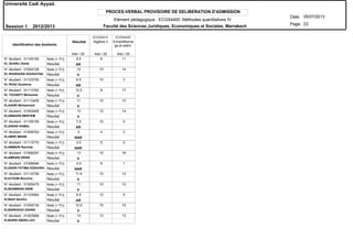 PROCES-VERBAL PROVISOIRE DE DELIBERATION D'ADMISSION
N° étudiant : 01105190
N° étudiant : 01004128
N° étudiant : 01103755
N° étudiant : 01113782
N° étudiant : 01112409
N° étudiant : 01002495
N° étudiant : 01108155
N° étudiant : 01009704
N° étudiant : 01113770
N° étudiant : 01006297
N° étudiant : 01006946
N° étudiant : 01110759
N° étudiant : 01000475
N° étudiant : 01103064
N° étudiant : 01005739
N° étudiant : 01003969
EL QUABLI Saida
EL RHARAISSI SOUKAYNA
EL RHAZ Soukeina
EL YOUSEFY Mohamed
ELAASRI Mohammed
ELABBASSI MERYEM
ELAINANI KAMAL
ELAMIRI IMANE
ELAMMARI Rachida
ELAMRANI DRISS
ELASSRI FATIMA EZZAHRA
ELAYOUBI Bouchra
ELBAAMRANI ZINIB
ELBAHI Samiha
ELBARKAOUI ZAHRA
ELBARNI ABDELLAH
Résultat
Résultat
Résultat
Résultat
Résultat
Résultat
Résultat
Résultat
Résultat
Résultat
Résultat
Résultat
Résultat
Résultat
Résultat
Résultat
Note (+ PJ)
Note (+ PJ)
Note (+ PJ)
Note (+ PJ)
Note (+ PJ)
Note (+ PJ)
Note (+ PJ)
Note (+ PJ)
Note (+ PJ)
Note (+ PJ)
Note (+ PJ)
Note (+ PJ)
Note (+ PJ)
Note (+ PJ)
Note (+ PJ)
Note (+ PJ)
Identification des étudiants
AR
V
AR
V
V
V
AR
NAR
NAR
V
NAR
V
V
AR
V
V
Résultat Algèbre II Echantillonna
ge et estim.
ECGS4410 ECGS4420
Ado / 20 Ado / 20 Ado / 20
Université Cadi Ayyad.
Date:
Page:
05/07/2013
Session 1 2012/2013
23
Elément pédagogique : ECGS4400 Méthodes quantitatives IV
Faculté des Sciences Juridiques, Economiques et Sociales. Marrakech
9.5 8 11
12 10 14
6.5 10 3
12.5 8 17
11 10 12
13 12 14
7.5 10 5
3 4 2
3.5 5 2
13 10 16
4.5 8 1
11.5 10 13
11 10 12
8.5 12 5
12.5 10 15
13 13 13
 