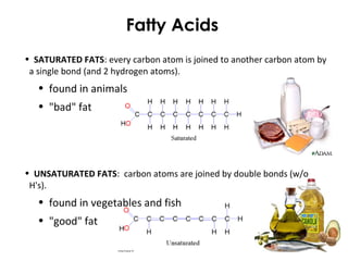Fatty Acids
• SATURATED FATS: every carbon atom is joined to another carbon atom by
a single bond (and 2 hydrogen atoms).
• found in animals
• "bad" fat
• UNSATURATED FATS: carbon atoms are joined by double bonds (w/o
H's).
• found in vegetables and fish
• "good" fat
 