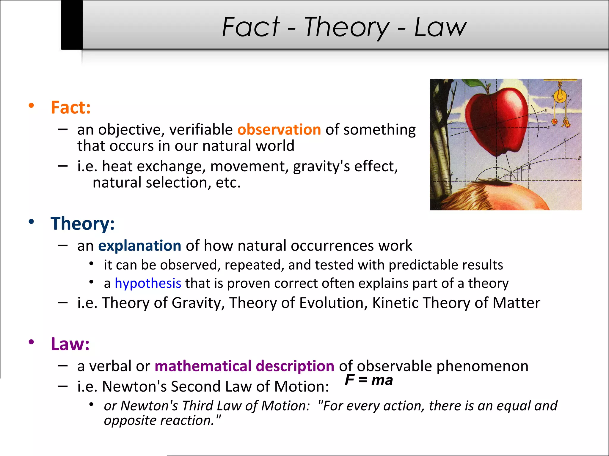 Fact - Theory - Law 
F = ma 
• Fact: 
– an objective, verifiable observation of something 
that occurs in our natural world 
– i.e. heat exchange, movement, gravity's effect, 
natural selection, etc. 
• Theory: 
– an explanation of how natural occurrences work 
• it can be observed, repeated, and tested with predictable results 
• a hypothesis that is proven correct often explains part of a theory 
– i.e. Theory of Gravity, Theory of Evolution, Kinetic Theory of Matter 
• Law: 
– a verbal or mathematical description of observable phenomenon 
– i.e. Newton's Second Law of Motion: 
• or Newton's Third Law of Motion: "For every action, there is an equal and 
opposite reaction." 
 