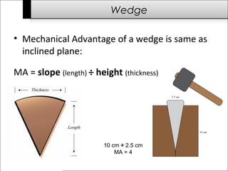 Wedge 
• Mechanical Advantage of a wedge is same as 
inclined plane: 
MA = slope (length) ÷ height (thickness) 
10 cm ÷ 2.5 cm 
MA = 4 
 