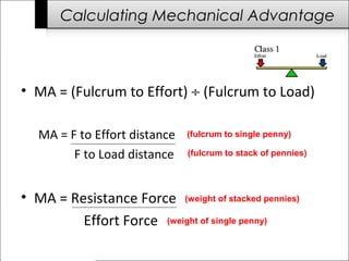 Calculating Mechanical Advantage 
• MA = (Fulcrum to Effort) ¸ (Fulcrum to Load) 
MA = F to Effort distance 
F to Load distance 
• MA = Resistance Force 
Effort Force 
(fulcrum to single penny) 
(fulcrum to stack of pennies) 
(weight of stacked pennies) 
(weight of single penny) 
 